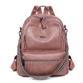 Dusty pink multi-pocket faux leather backpack with detachable striped shoulder strap - Pink
