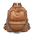 Detail view of brown PU leather backpack featuring stripe woven straps and metal hardware - Apricot