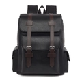 Vista frontal de una mochila de negocios de cuero PU negro con correas marrones vintage - Negro