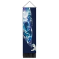 Vertical blue wall tapestry featuring a dreamy girl, crescent moon and black bottom tassels - Watercolor Galaxy Girl / 32.5x130cm