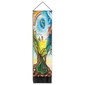 Vue détaillée de la tapisserie Arbre de Vie avec tige en bois et pompons noirs - 32.5x130cm / Arbre de Terre Harmonie Naturelle