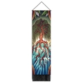 Détail d'une tapisserie Arbre de Vie avec racines bleues, feuilles vertes et pompons noirs - 32.5x130cm / Chute d'Eau Saule Rétro