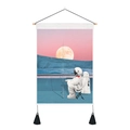 Detail of astronaut tapestry with wooden rod, orange moon, and black tassels decoration - Astronaut Fishing (Style-5)