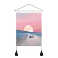 Pink sunset astronaut tapestry wall hanging with classic car and ocean scenery - Classic Car on Road (Style-6)