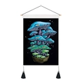 Psychedelischer Wandteppich mit blauen Pilzen, Holzstange und schwarzen Quasten-Details - 35x50cm / Fluoreszierende Augen-Pilze im Topf (Stil-3)