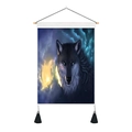 Detail van wolf wandtapijt met blauwe ogen wolf print, houten frame en zwarte kwastjes - 35x50cm / Blauwoog Zwarte Wolf (Style-3)