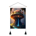 Fantastischer Pilz-Wasserfall Wandteppich mit Holzstange und schwarzen Quasten - 35x50cm / Wasserfall Fantasy Pilzhaus (Stil-4)