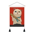 Wandbehang mit Cartoon Katze im nordischen Stil, roter Hintergrund und Holzstange - 35x50cm / Heterochromie-Katze mit Baseballschläger (Stil-1)