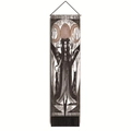 Detailed view of dark fantasy goddess tapestry with moon symbols and hanging rod accessory - 32.5x130cm / Dark Goddess with Crescent Moon and Dead Tree (Style-4)