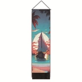 Close-up of tropical sunset sailboat tapestry with black tassels and coconut trees - 32.5x130cm / Sunset Sailboat Palm Tree