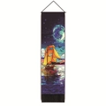 Detailed view of sailboat tapestry with purple moonlight, orange ship, and black tassels - 32.5x130cm / Moonlight Starry Night Sailboat