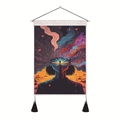 Surreal colorful girl art tapestry with starry nebula design and black tassels - 35x50cm / Psychedelic Nebula Goggles Girl (Style-1)
