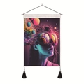 Macro detail of colorful girl tapestry with nebula goggles and wooden hanging rod - 35x50cm / Cyber City Sunset Silhouette (Style-2)