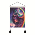 Detail of colorful girl silhouette tapestry with wooden rod and black bottom tassels - 35x50cm / Rainbow Starry Snow Mountain Woman (Style-3)