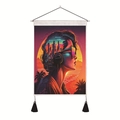 Detail of cyberpunk girl wall tapestry with vertical scroll, white rod and black tassels - 35x50cm / Headset Sunglasses Modern Lady (Style-4)