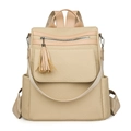 Beige tassel backpack with woven texture and leather trim on a plain white background - Beige