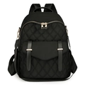 Fashionable black quilted nylon backpack with gold hardware and large front pocket - Black
