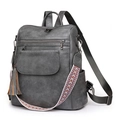 Retro grey PU leather backpack with vintage ethnic woven strap and tassel detail - Gray