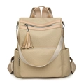 Minimalist beige woven backpack for women with decorative tassel and front zipper pocket - Beige