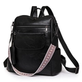 Black pebbled leather backpack with colorful woven strap and silver zipper accents - Black