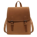 Mochila minimalista de cuero PU marrón y ante con costuras blancas en contraste - Caqui