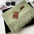Sage green tassel scarf in soft cashmere-like texture with elegant leather brand label - 70*200cm / No.21 Iron Green