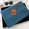 Thick navy blue fringe scarf in cashmere style with leather tag and elegant finish - 70*200cm / No.56 Deep Fog Blue