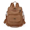 Brown faux leather multi-functional backpack with dual main compartments and front pockets - Yellow Brown