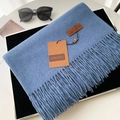 Thick haze blue cashmere-like tassel scarf with brown leather logo tag - 70*200cm / No.22 Denim Blue