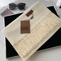 Elegant cream white thick tassel scarf with fringe detail and luxury leather brand label - 70*200cm / No.9 Milk White