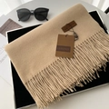 Beige thick faux cashmere tassel scarf with premium leather logo patch and brand tag - 70*200cm / No.32 Light Camel