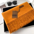Ginger yellow thick cashmere feel scarf with fringe tassels and branded leather patch - 70*200cm / No.54 Orange Yellow