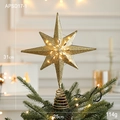 Golden 31cm iron tree topper star with LED warm lights and glitter hollow design - Style C Gold