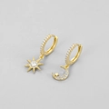 Asymmetric gold star and moon hoop earrings with sparkling cubic zirconia crystals - Gold Star and Moon Asymmetric Full Diamond