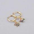 Detail of gold star drop earrings featuring colorful zircon stones in a rainbow pattern - Colorful Zircon Star Earrings-Gold
