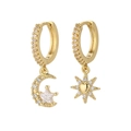 Detailed view of asymmetric gold star and moon drop earrings with zircon crystals - Star Moon Hoops-Gold
