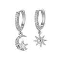 Detailed view of silver asymmetric star and moon earrings with pavé cubic zirconia - Star Moon Hoops-Platinum Silver