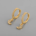 Detail of gold moon hoop earrings with sparkling cubic zirconia on a grey background - Small Moon Pendant Hoop Buckle - Gold