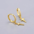Detail shot of gold S925 sterling silver hoop earrings with textured star pendant - Cross Star Earrings - Gold