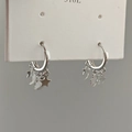 Detail of 316L stainless steel star and moon dangle earrings on a white card - Moon Star Tassel Earrings - Silver