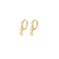 Detail view of gold star earrings with sparkling crystals and three dangling stars - Tassel Star Hoop Buckle - Gold