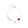 Pulsera de cadena de oro rosa con corazón de esmalte rojo y colgantes de circonita - Oro rosa