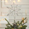 Elegant 31cm silver Christmas tree topper star with warm LED lights and glitter finish - Type D Silver