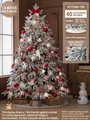 1,5m beflockter künstlicher Weihnachtsbaum mit rot-weißem Dekor und warmem Licht - Rot-Weiß-Stil (Inklusive 40 Zubehörteile + Baumdecke + Lichterkette) / 1,5m