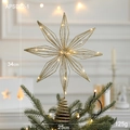 34cm Gold glitter iron Christmas tree topper star with warm LED lights and spring base - Style H Gold