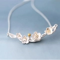 925 Sterling Silver Sakura Flower Necklace with Two-Tone Silver and Gold Floral Pendant - White Gold Plated Copper / Plum Blossom Branch Necklace (S-N23)
