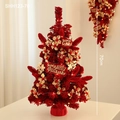 70cm red flocked Christmas tree decoration with LED lights and golden flowers - Lucky Tree (70cm) / Red