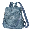 Women's blue denim texture large capacity fashion backpack with multi-way carry straps - Blue