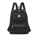 Black PU leather backpack with geometric texture and gold metal zippers for women - Black