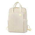 Minimalist beige oxford laptop backpack with golden hardware and leather texture handle - Off White